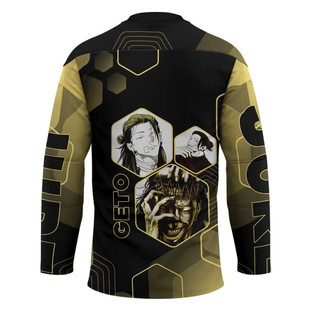 Suguru Geto Jujutsu Kaisen Gold Hexagon Design Hockey Jersey with Multiple Expressions and Manga Style Art - The Mazicc