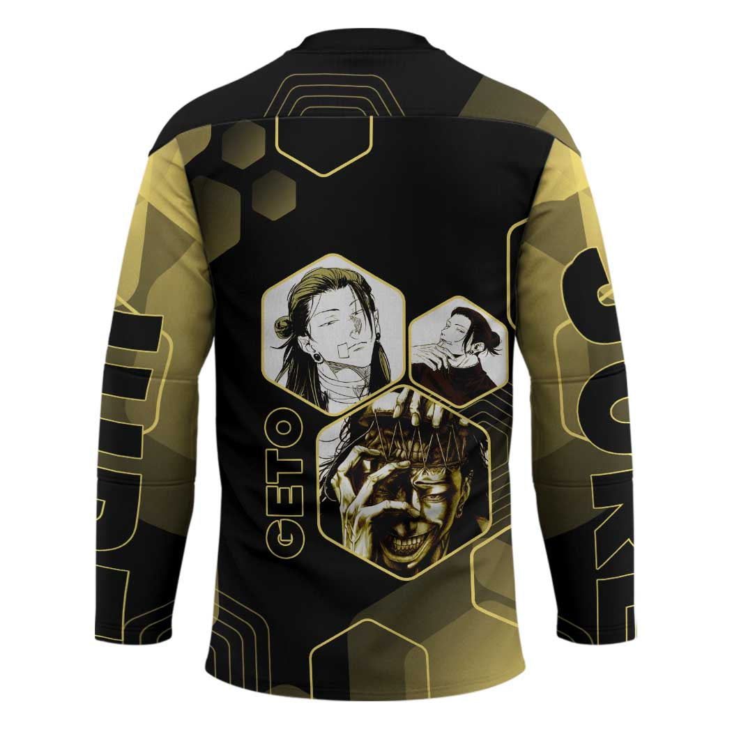 Suguru Geto Jujutsu Kaisen Gold Hexagon Design Hockey Jersey with Multiple Expressions and Manga Style Art - The Mazicc