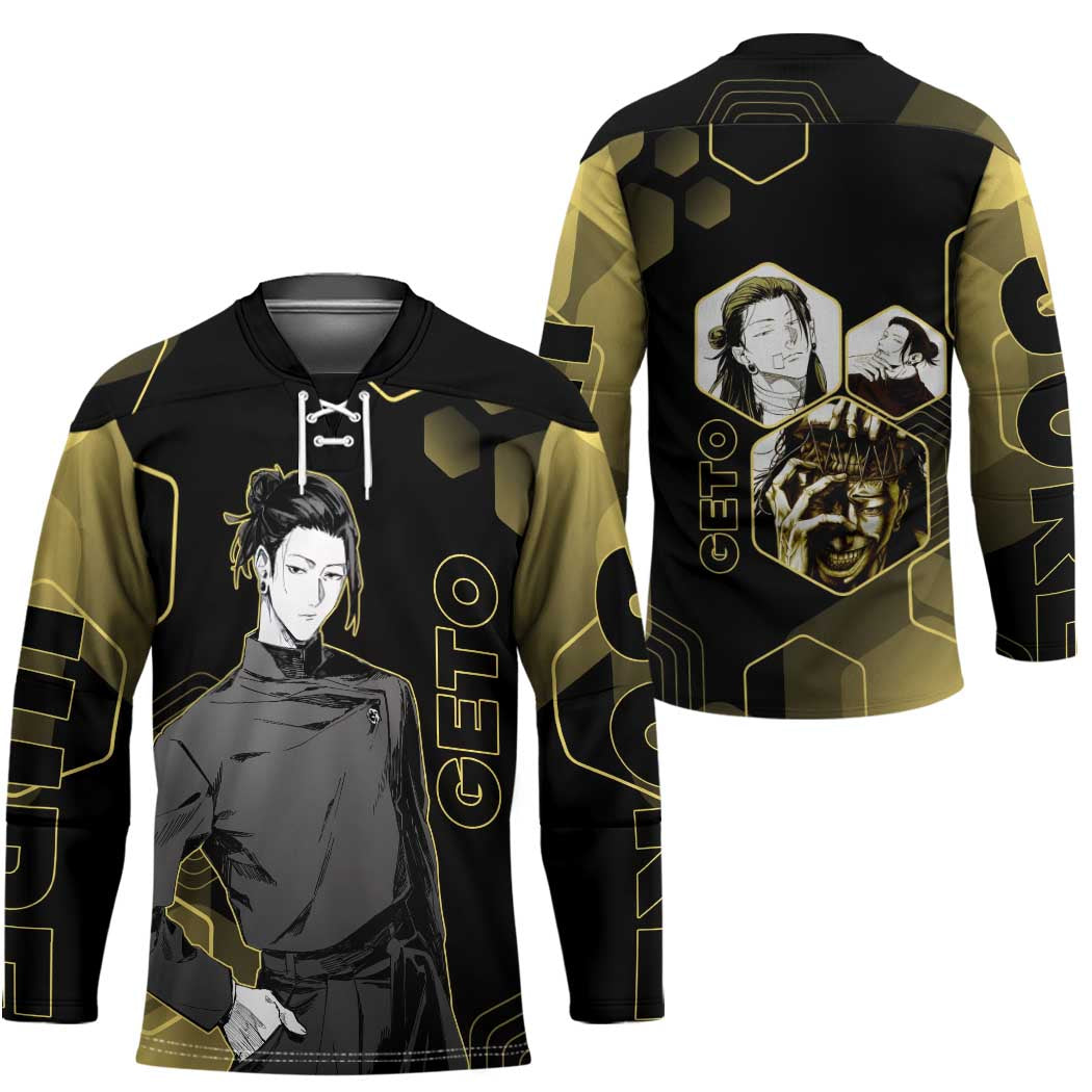 Suguru Geto Jujutsu Kaisen Gold Hexagon Design Hockey Jersey with Multiple Expressions and Manga Style Art - The Mazicc