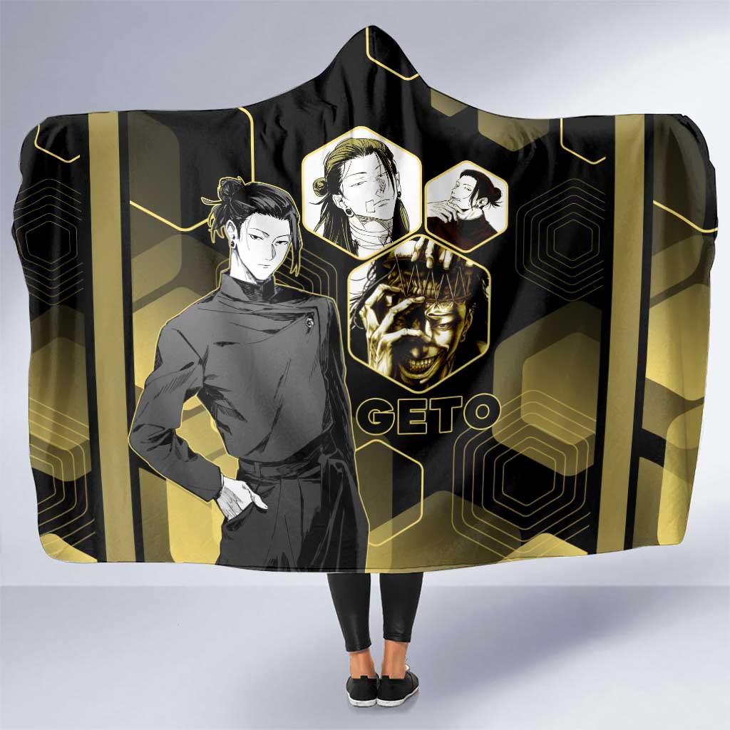 Suguru Geto Jujutsu Kaisen Gold Hexagon Design Hooded Blanket with Multiple Expressions and Manga Style Art - The Mazicc