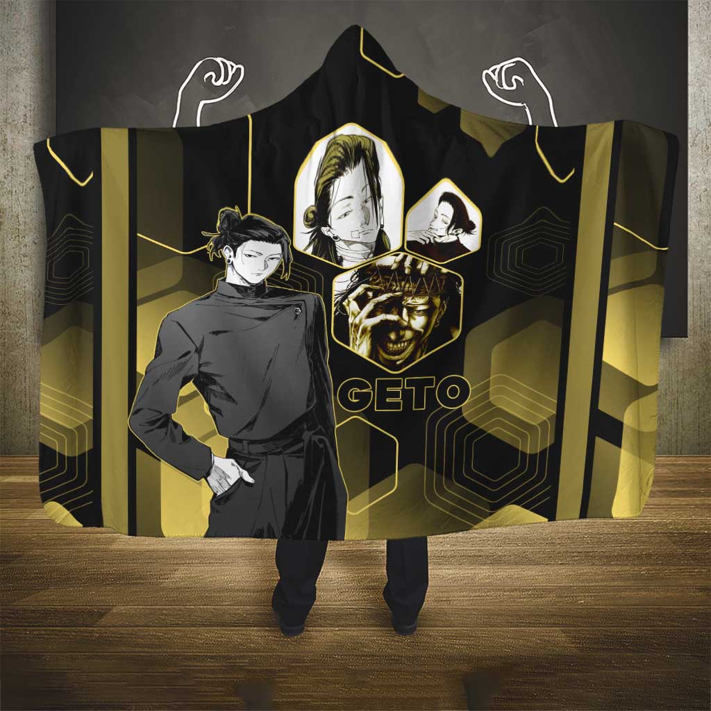 Suguru Geto Jujutsu Kaisen Gold Hexagon Design Hooded Blanket with Multiple Expressions and Manga Style Art - The Mazicc