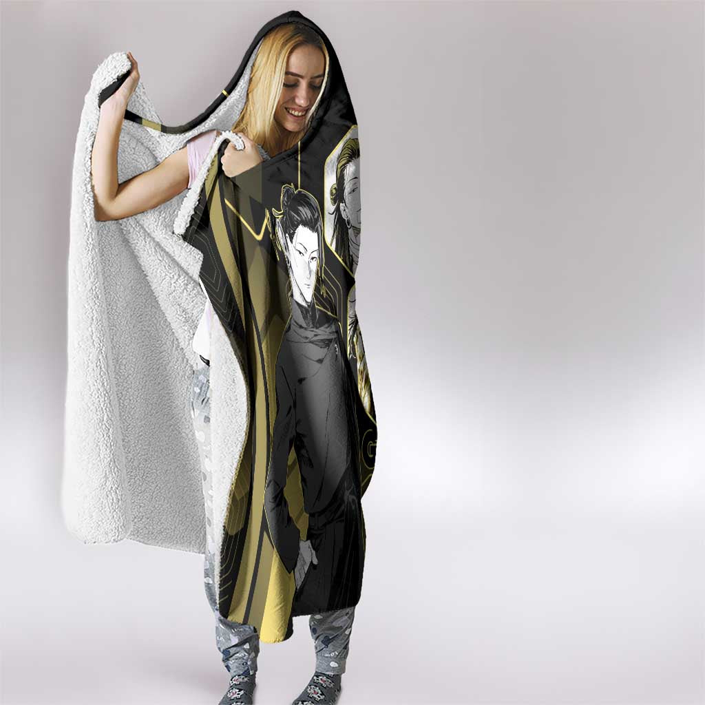 Suguru Geto Jujutsu Kaisen Gold Hexagon Design Hooded Blanket with Multiple Expressions and Manga Style Art - The Mazicc