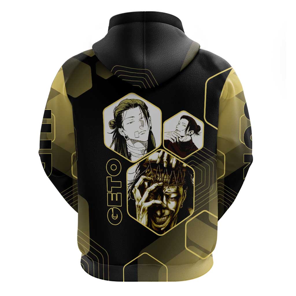 Suguru Geto Jujutsu Kaisen Gold Hexagon Design Hoodie with Multiple Expressions and Manga Style Art - The Mazicc