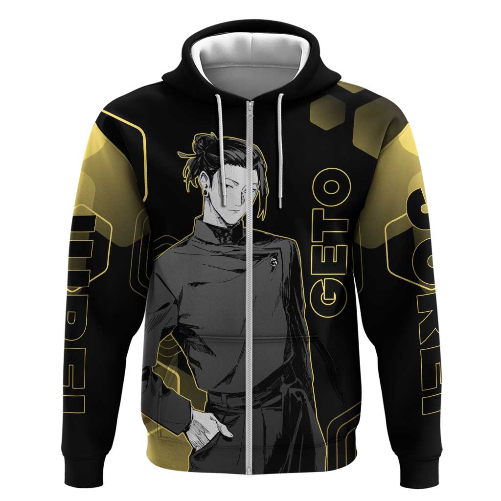 Suguru Geto Jujutsu Kaisen Gold Hexagon Design Hoodie with Multiple Expressions and Manga Style Art - The Mazicc