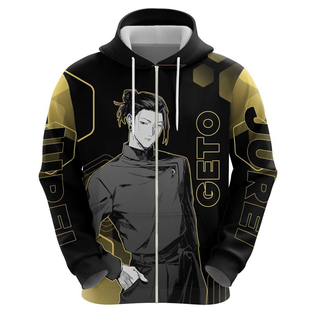 Suguru Geto Jujutsu Kaisen Gold Hexagon Design Hoodie with Multiple Expressions and Manga Style Art - The Mazicc