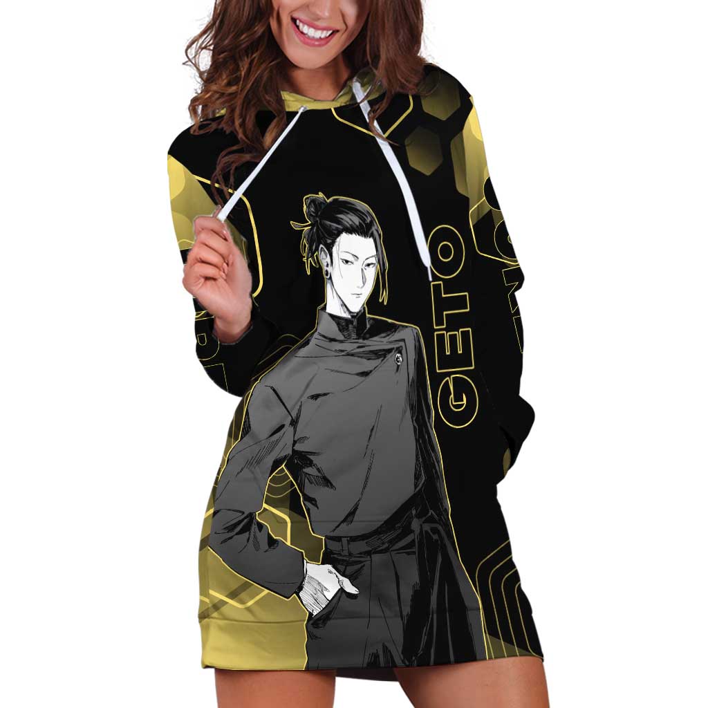 Suguru Geto Jujutsu Kaisen Gold Hexagon Design Hoodie Dress with Multiple Expressions and Manga Style Art - The Mazicc
