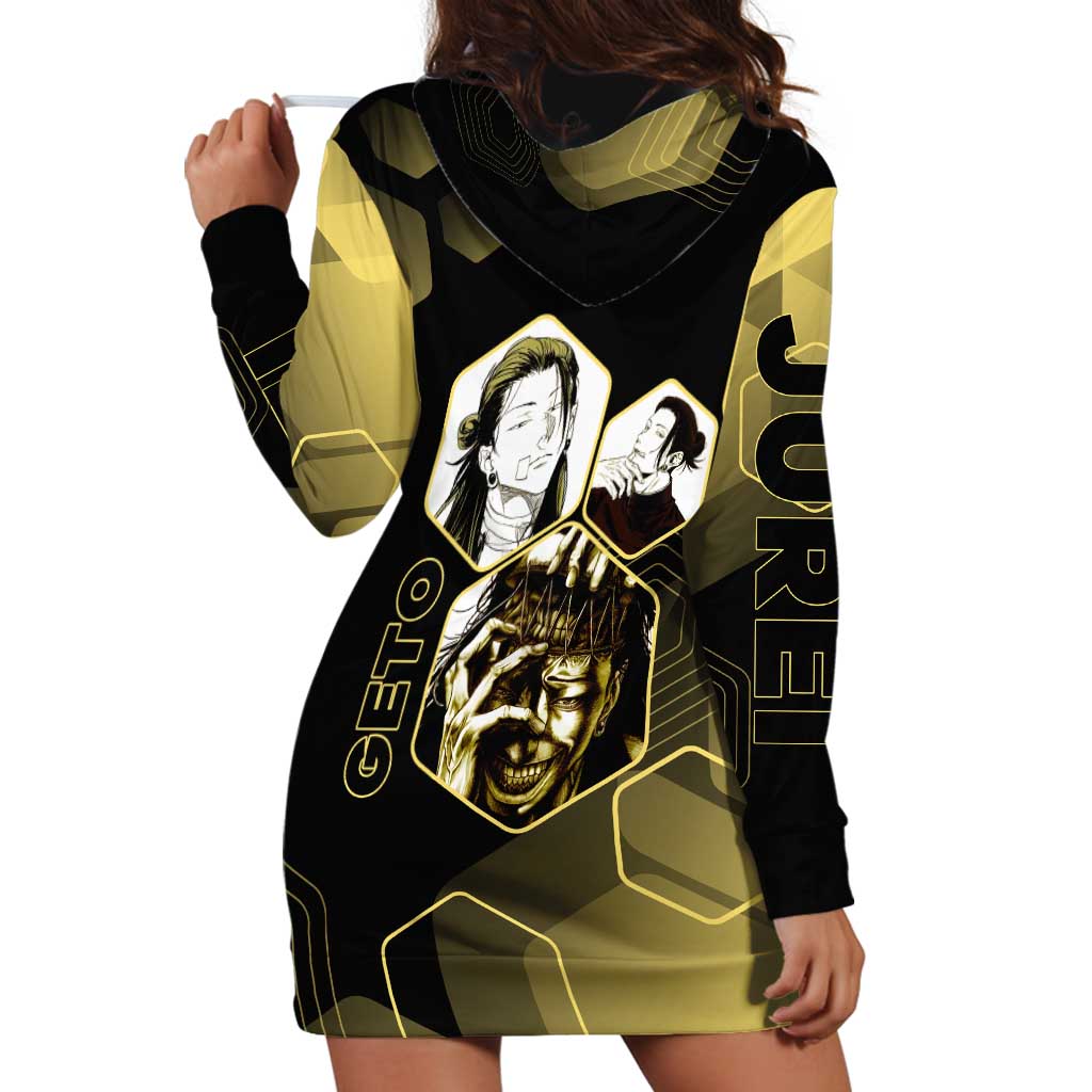 Suguru Geto Jujutsu Kaisen Gold Hexagon Design Hoodie Dress with Multiple Expressions and Manga Style Art - The Mazicc