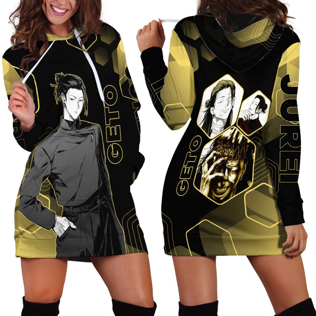 Suguru Geto Jujutsu Kaisen Gold Hexagon Design Hoodie Dress with Multiple Expressions and Manga Style Art - The Mazicc