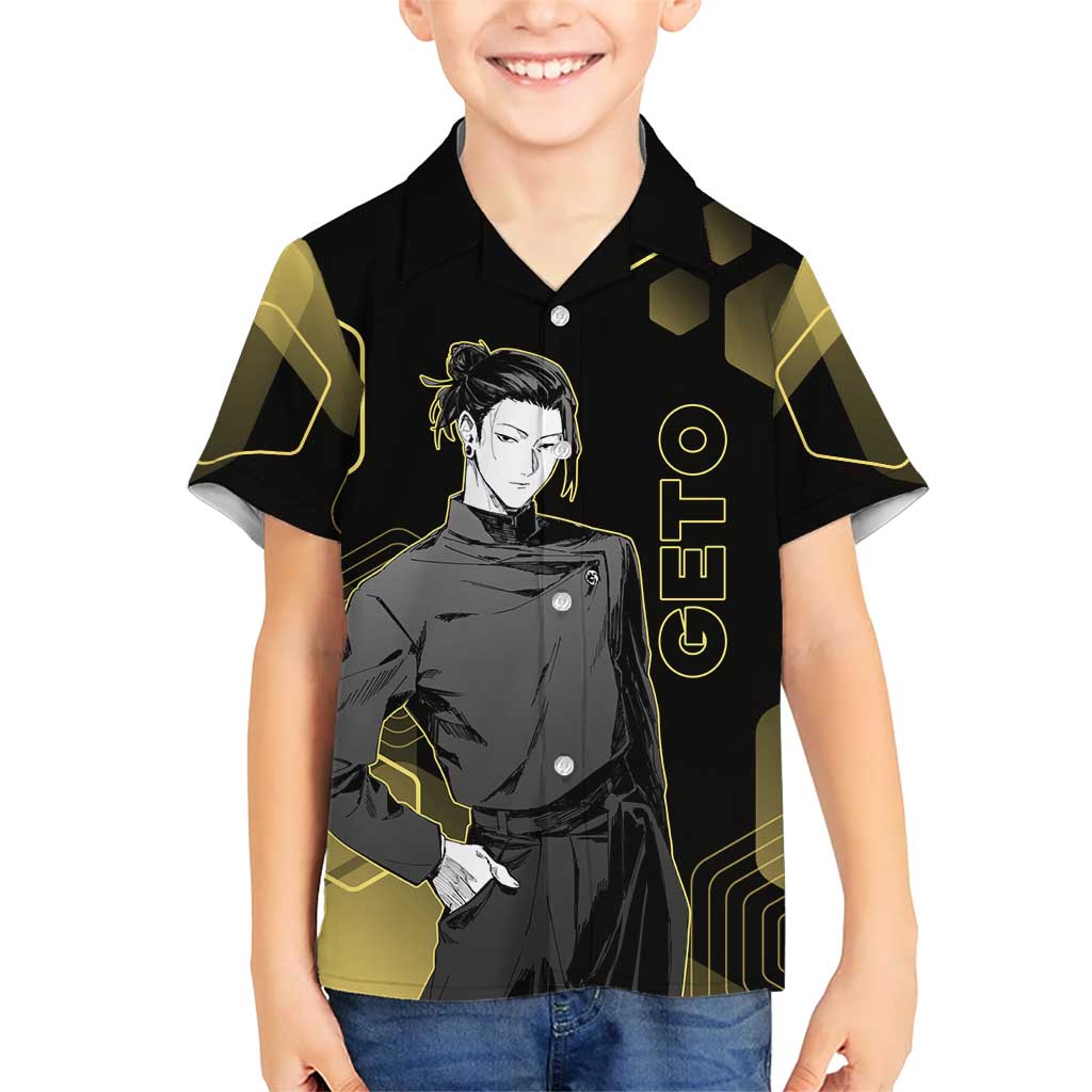 Suguru Geto Jujutsu Kaisen Gold Hexagon Design Kid Hawaiian Shirt with Multiple Expressions and Manga Style Art - The Mazicc