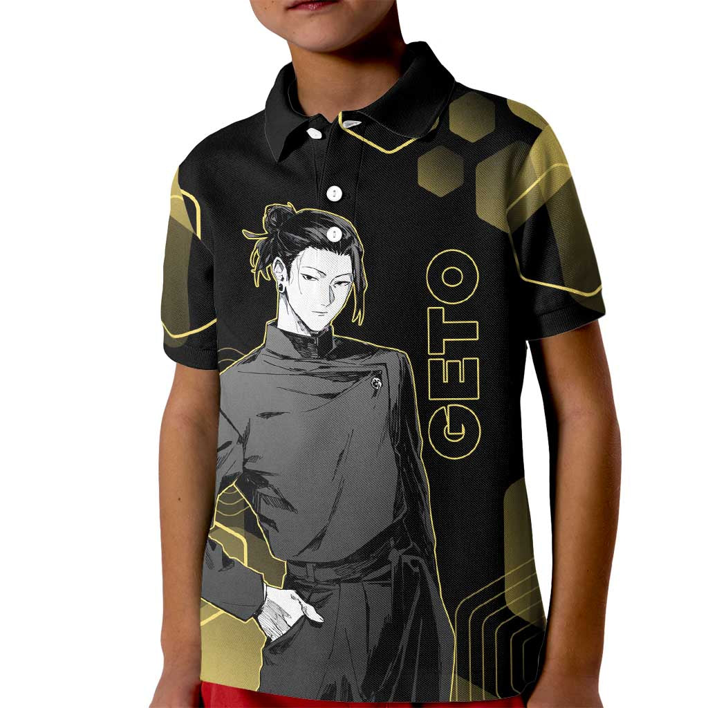 Suguru Geto Jujutsu Kaisen Gold Hexagon Design Kid Polo Shirt with Multiple Expressions and Manga Style Art - The Mazicc