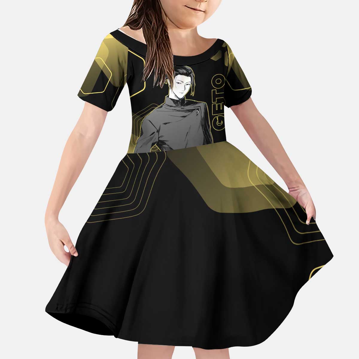 Suguru Geto Jujutsu Kaisen Gold Hexagon Design Kid Short Sleeve Dress with Multiple Expressions and Manga Style Art - The Mazicc