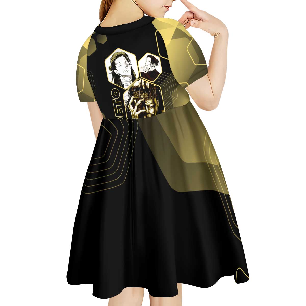 Suguru Geto Jujutsu Kaisen Gold Hexagon Design Kid Short Sleeve Dress with Multiple Expressions and Manga Style Art - The Mazicc