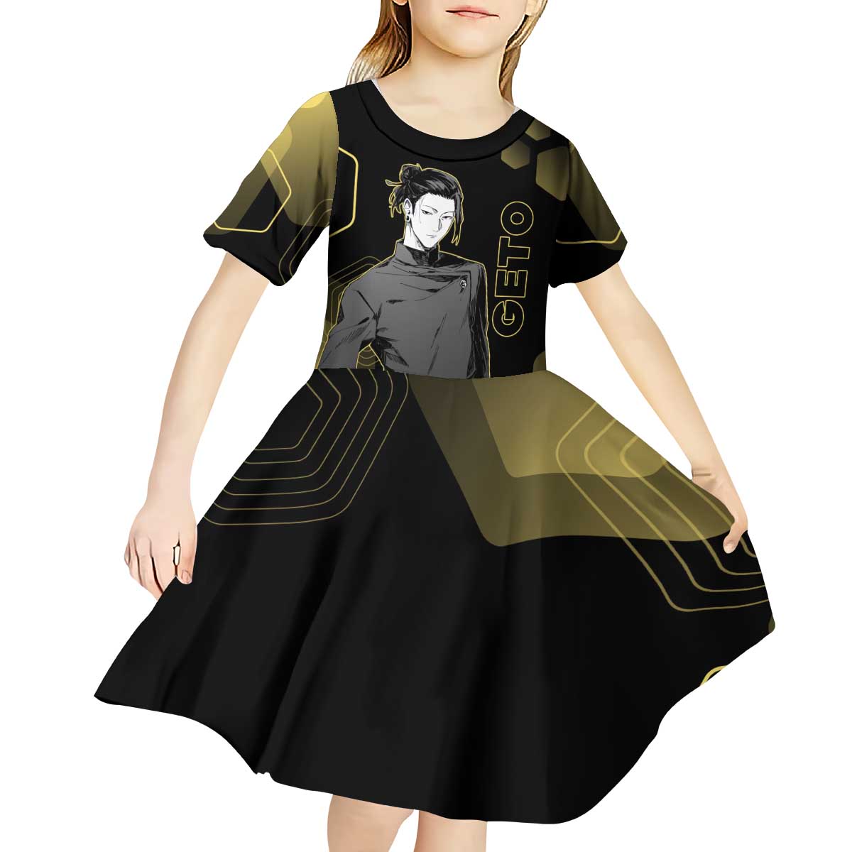 Suguru Geto Jujutsu Kaisen Gold Hexagon Design Kid Short Sleeve Dress with Multiple Expressions and Manga Style Art - The Mazicc