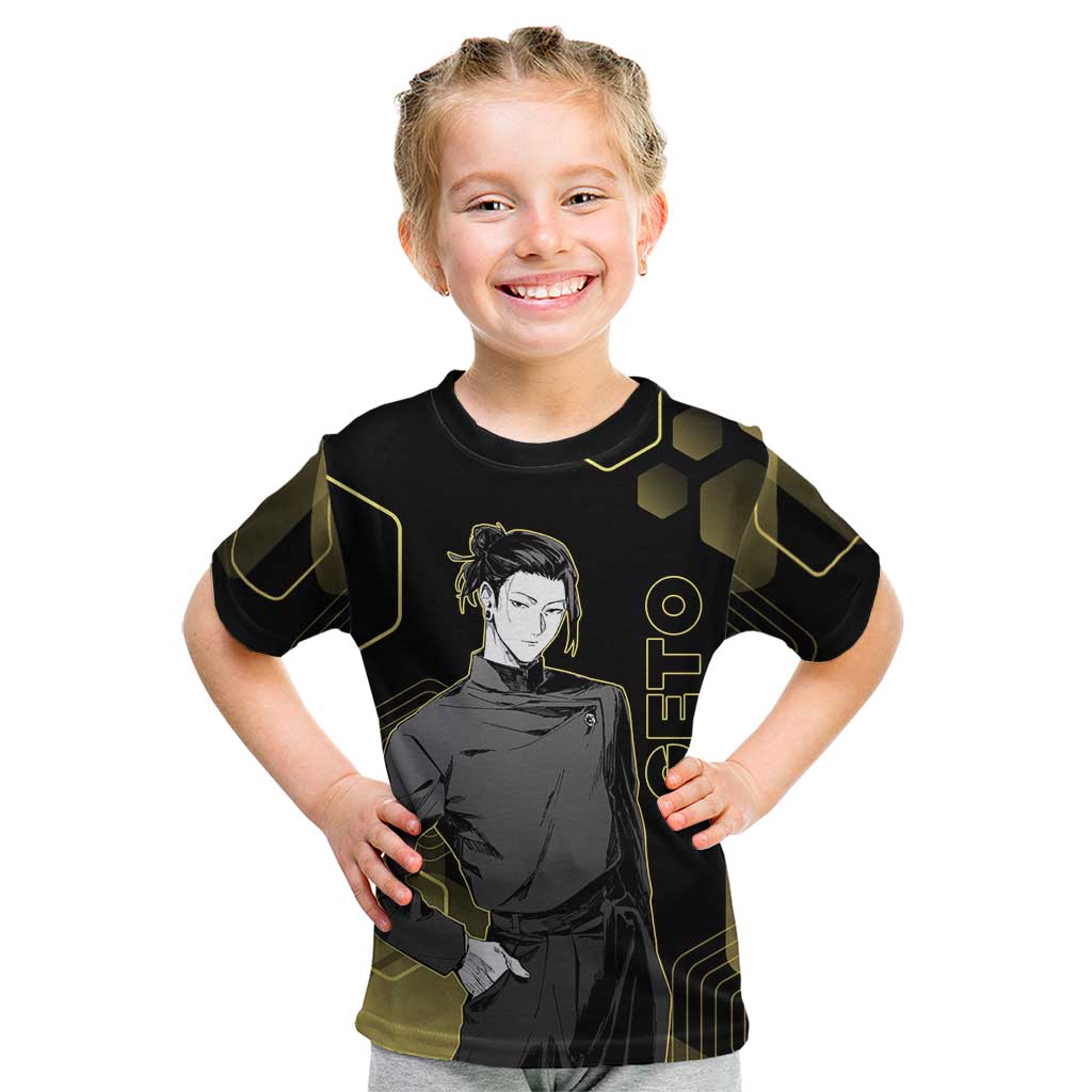 Suguru Geto Jujutsu Kaisen Gold Hexagon Design Kid T Shirt with Multiple Expressions and Manga Style Art - The Mazicc