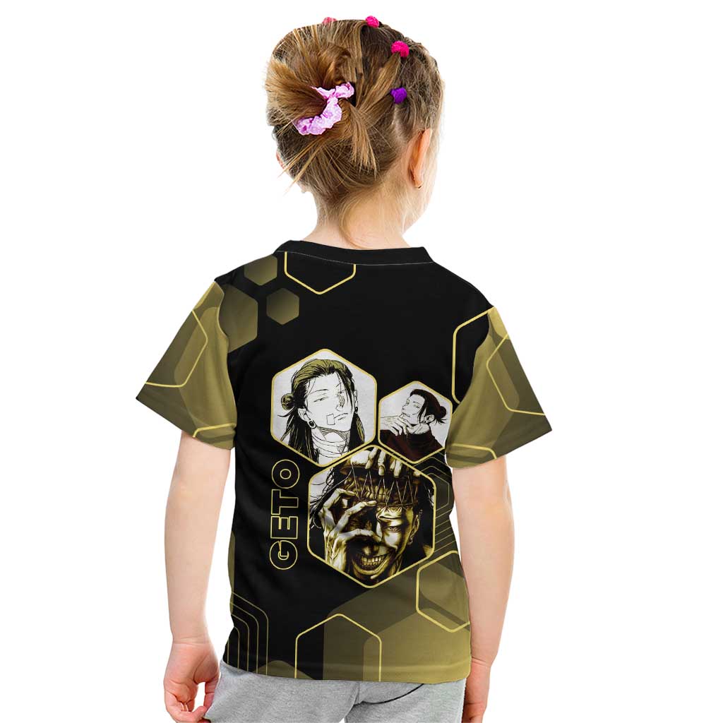 Suguru Geto Jujutsu Kaisen Gold Hexagon Design Kid T Shirt with Multiple Expressions and Manga Style Art - The Mazicc