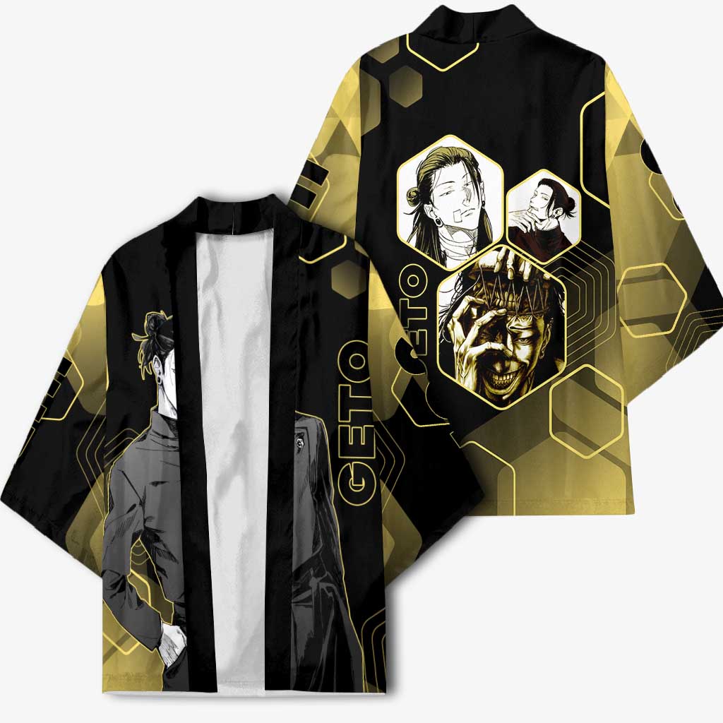 Suguru Geto Jujutsu Kaisen Gold Hexagon Design Kimono with Multiple Expressions and Manga Style Art - The Mazicc