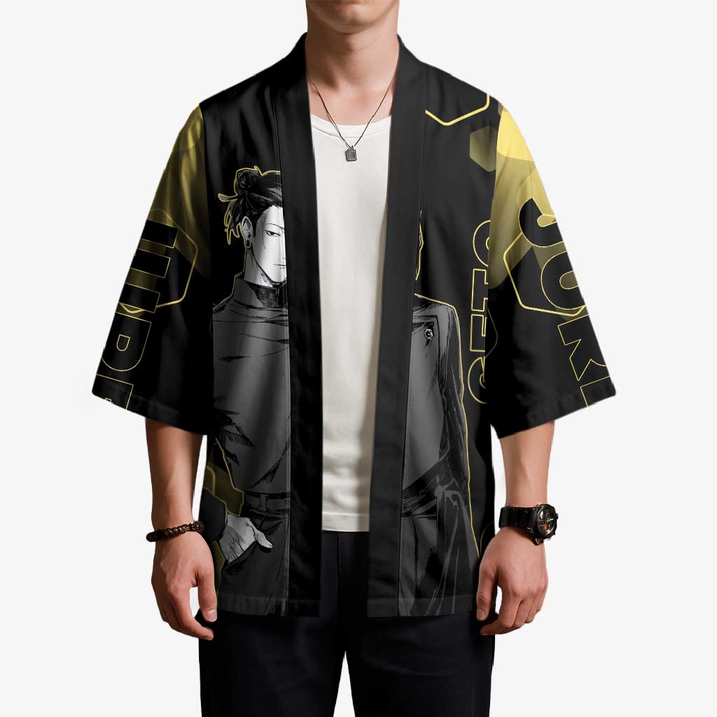 Suguru Geto Jujutsu Kaisen Gold Hexagon Design Kimono with Multiple Expressions and Manga Style Art - The Mazicc