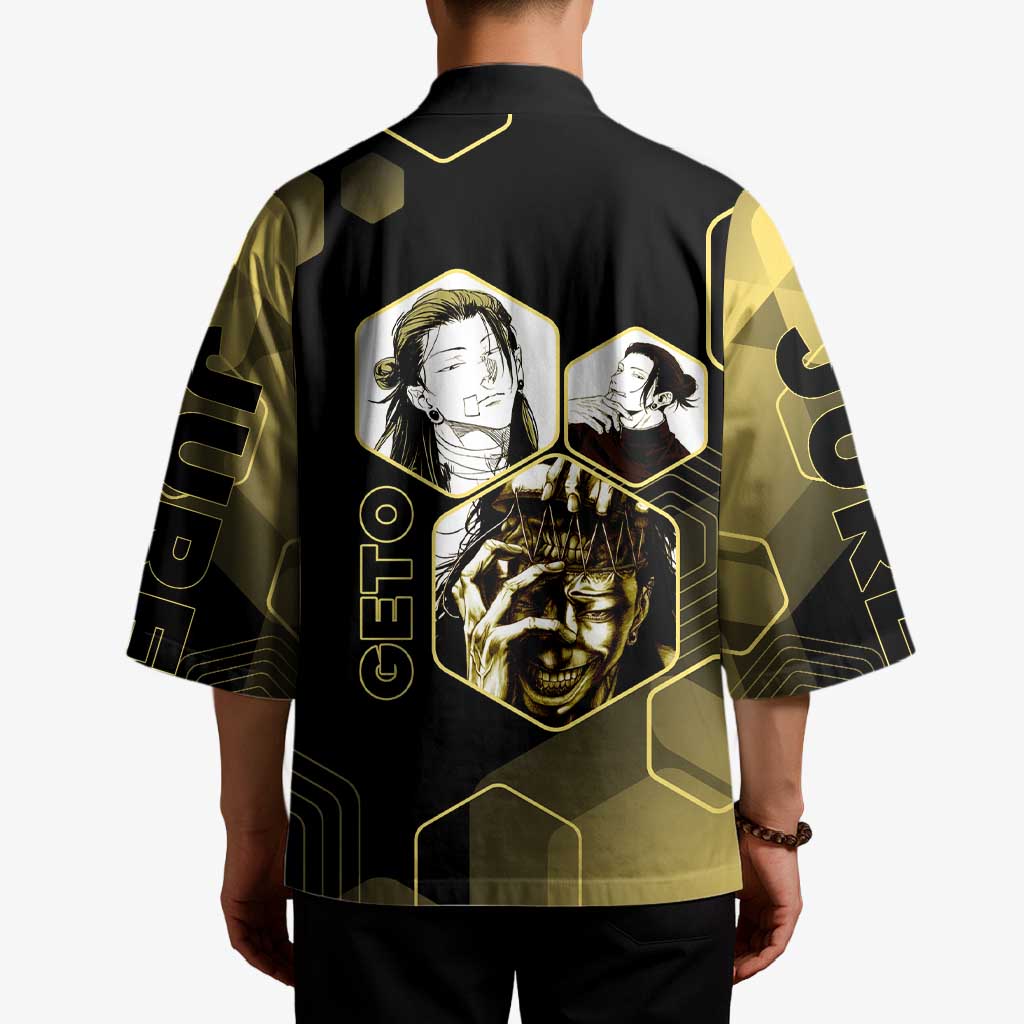 Suguru Geto Jujutsu Kaisen Gold Hexagon Design Kimono with Multiple Expressions and Manga Style Art - The Mazicc