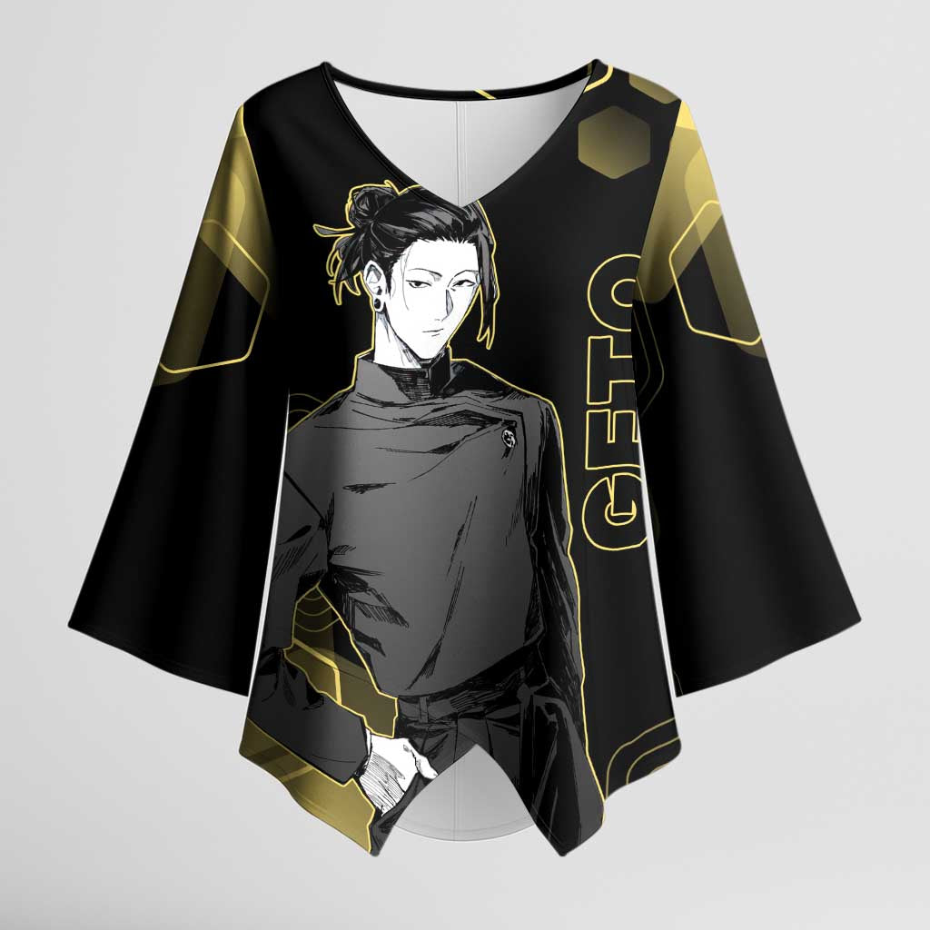 Suguru Geto Jujutsu Kaisen Gold Hexagon Design Kimono Sleeve Blouse with Multiple Expressions and Manga Style Art - The Mazicc