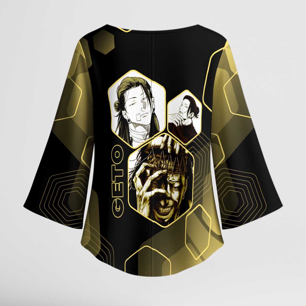 Suguru Geto Jujutsu Kaisen Gold Hexagon Design Kimono Sleeve Blouse with Multiple Expressions and Manga Style Art - The Mazicc