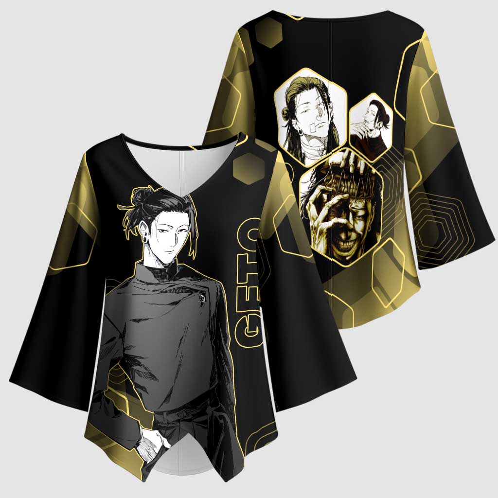 Suguru Geto Jujutsu Kaisen Gold Hexagon Design Kimono Sleeve Blouse with Multiple Expressions and Manga Style Art - The Mazicc