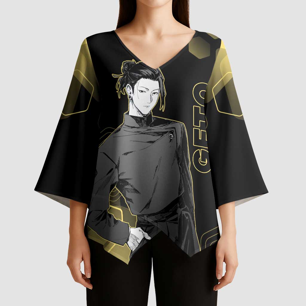 Suguru Geto Jujutsu Kaisen Gold Hexagon Design Kimono Sleeve Blouse with Multiple Expressions and Manga Style Art - The Mazicc