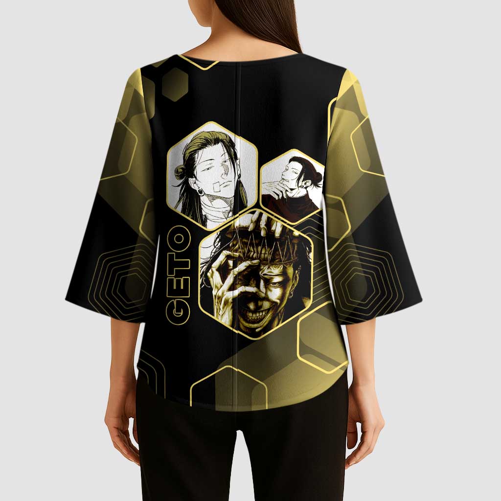 Suguru Geto Jujutsu Kaisen Gold Hexagon Design Kimono Sleeve Blouse with Multiple Expressions and Manga Style Art - The Mazicc