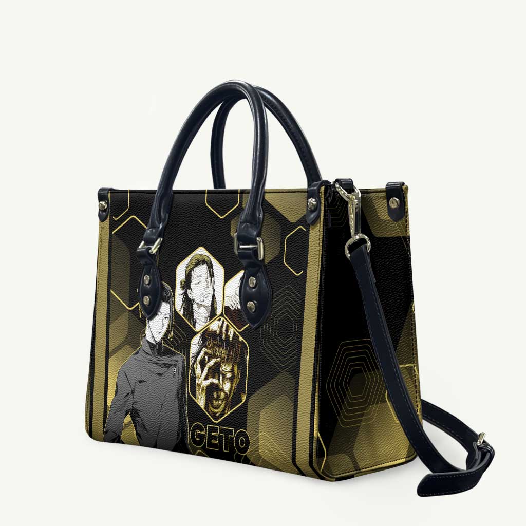 Suguru Geto Jujutsu Kaisen Gold Hexagon Design Leather Bag with Multiple Expressions and Manga Style Art - The Mazicc