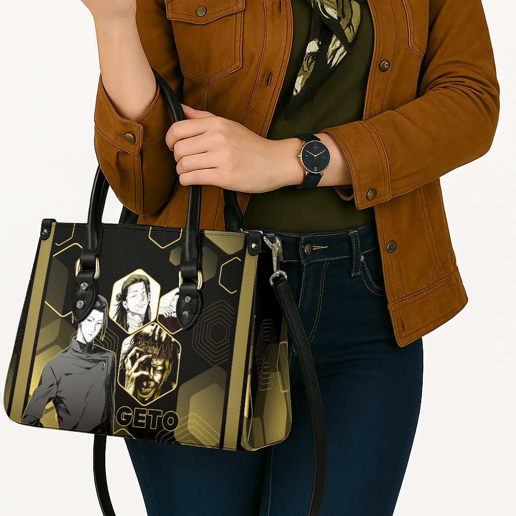 Suguru Geto Jujutsu Kaisen Gold Hexagon Design Leather Bag with Multiple Expressions and Manga Style Art - The Mazicc