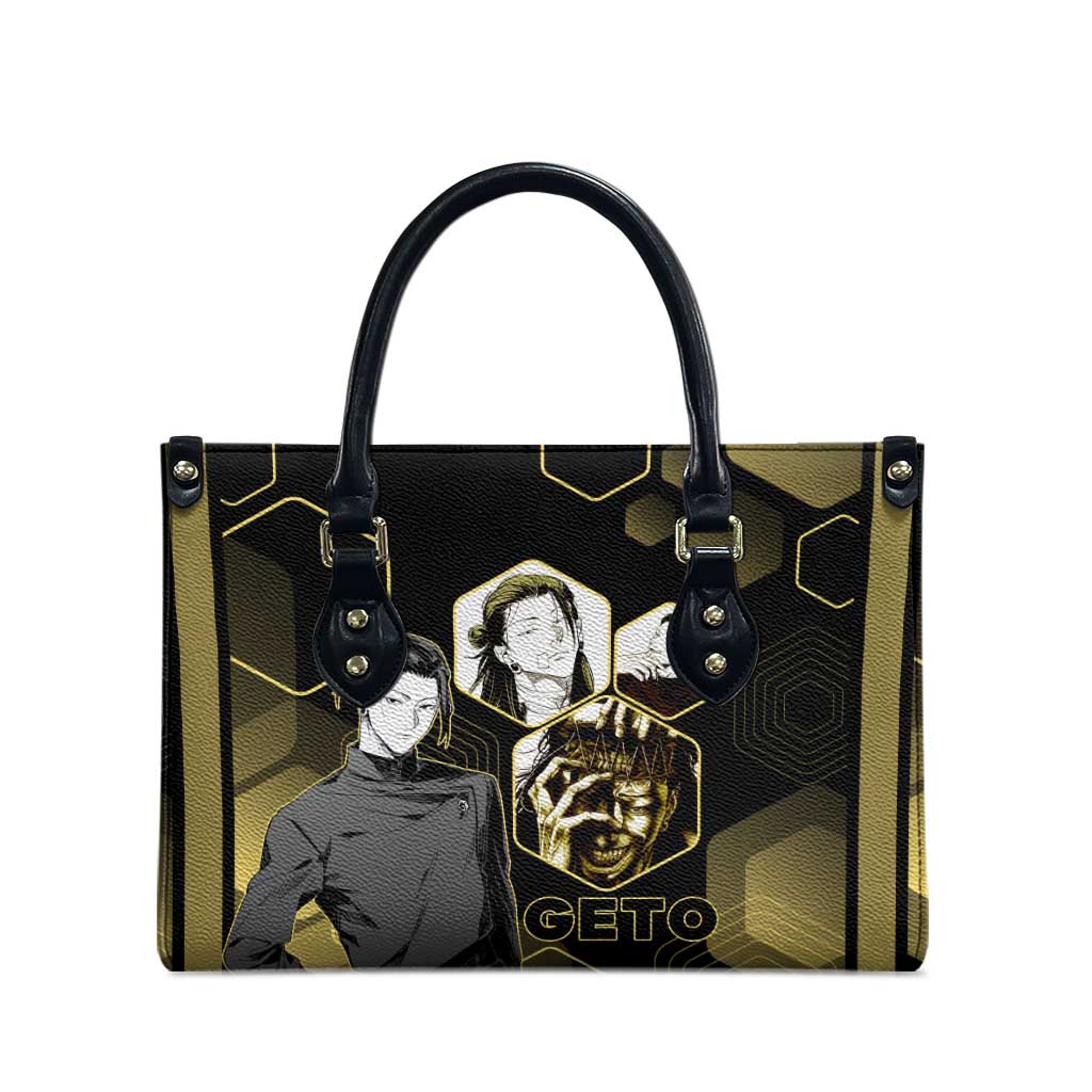Suguru Geto Jujutsu Kaisen Gold Hexagon Design Leather Bag with Multiple Expressions and Manga Style Art - The Mazicc