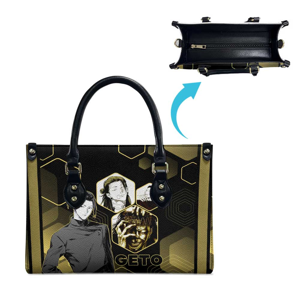 Suguru Geto Jujutsu Kaisen Gold Hexagon Design Leather Bag with Multiple Expressions and Manga Style Art - The Mazicc