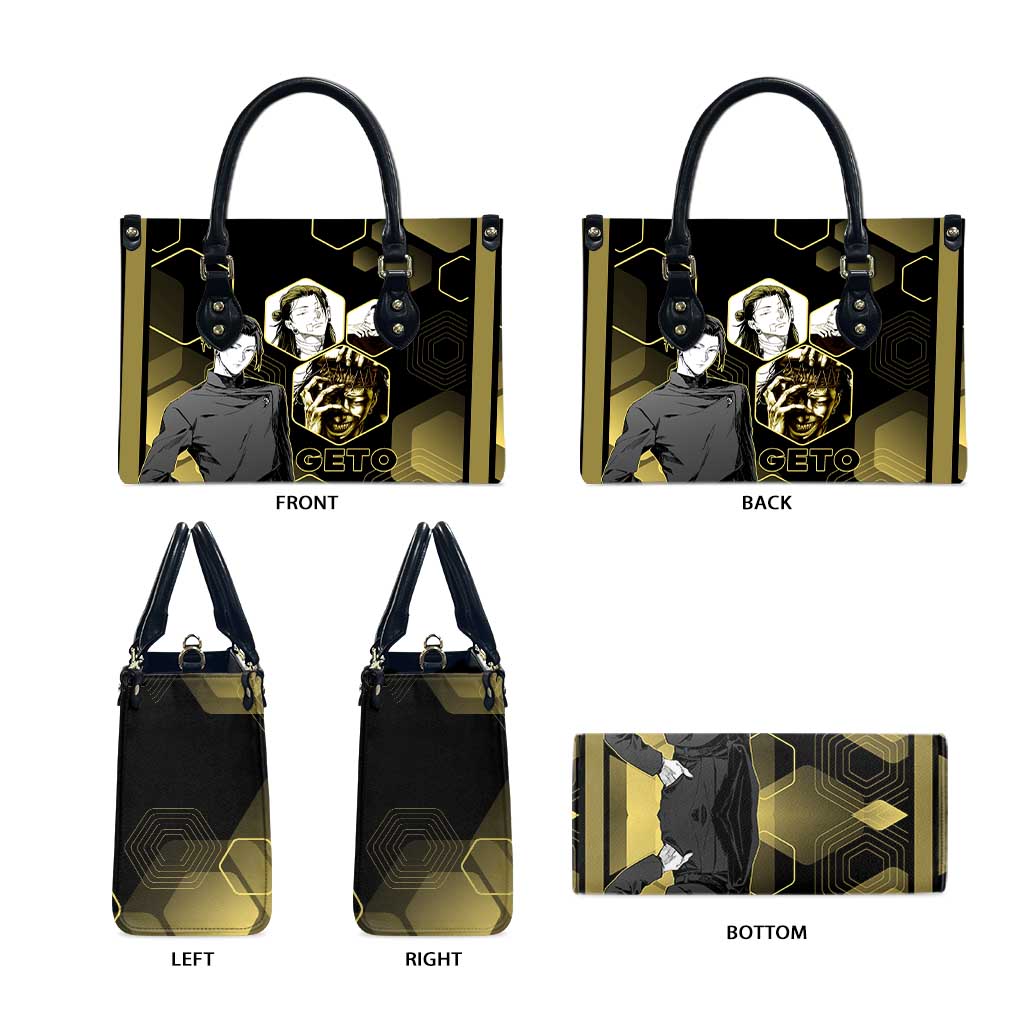 Suguru Geto Jujutsu Kaisen Gold Hexagon Design Leather Bag with Multiple Expressions and Manga Style Art - The Mazicc
