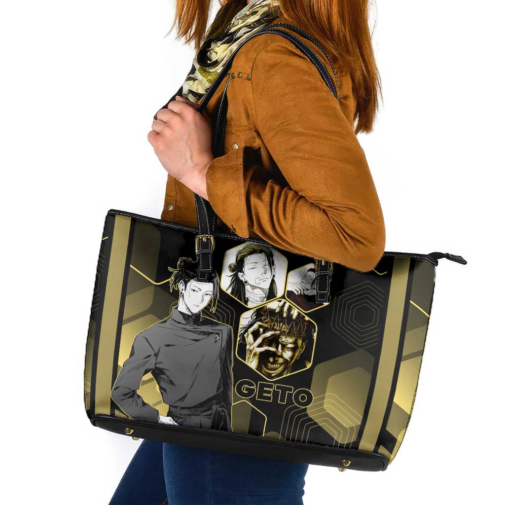 Suguru Geto Jujutsu Kaisen Gold Hexagon Design Leather Tote Bag with Multiple Expressions and Manga Style Art - The Mazicc