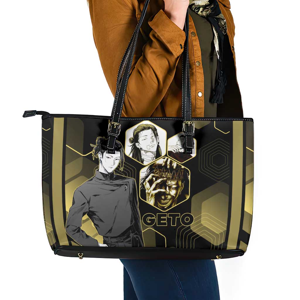 Suguru Geto Jujutsu Kaisen Gold Hexagon Design Leather Tote Bag with Multiple Expressions and Manga Style Art - The Mazicc