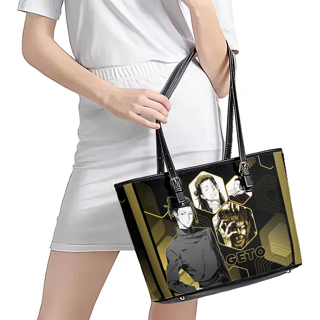 Suguru Geto Jujutsu Kaisen Gold Hexagon Design Leather Tote Bag with Multiple Expressions and Manga Style Art - The Mazicc