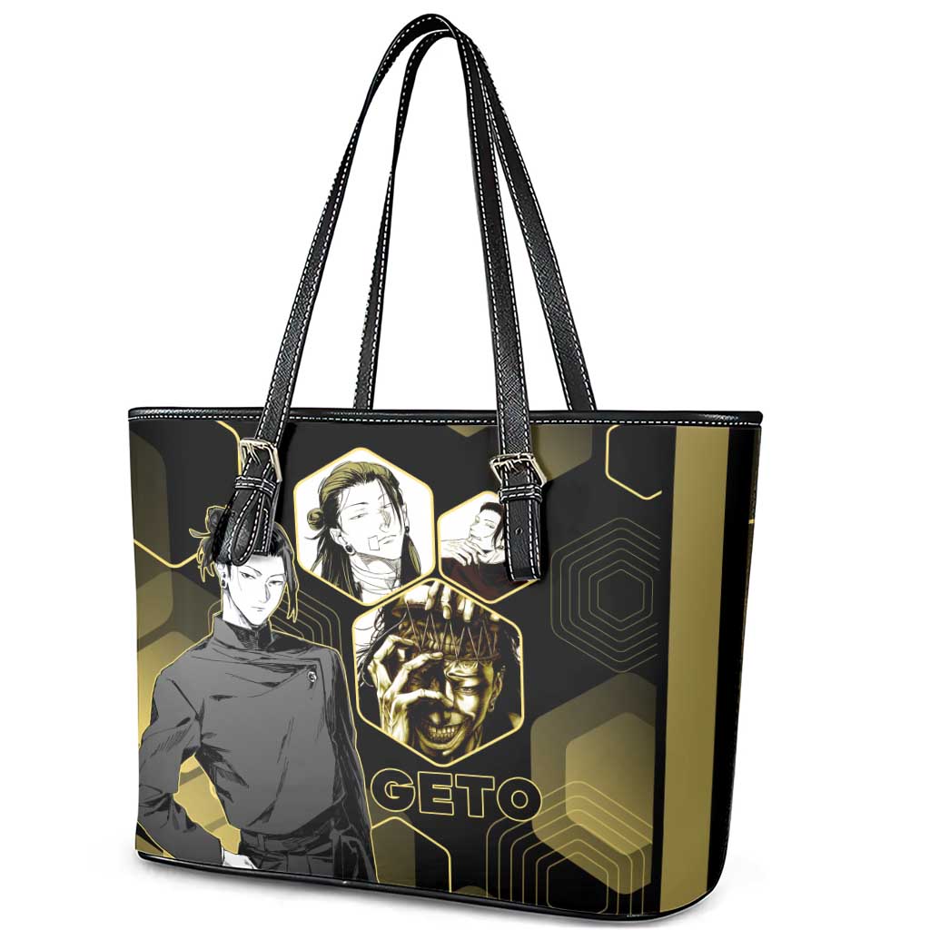 Suguru Geto Jujutsu Kaisen Gold Hexagon Design Leather Tote Bag with Multiple Expressions and Manga Style Art - The Mazicc