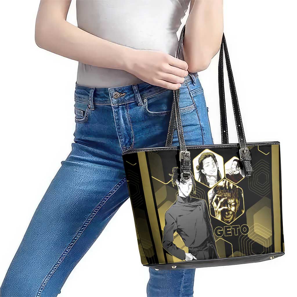 Suguru Geto Jujutsu Kaisen Gold Hexagon Design Leather Tote Bag with Multiple Expressions and Manga Style Art - The Mazicc