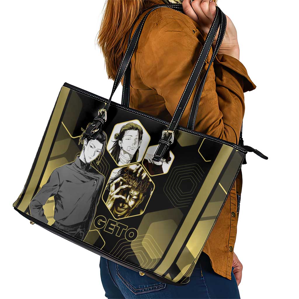 Suguru Geto Jujutsu Kaisen Gold Hexagon Design Leather Tote Bag with Multiple Expressions and Manga Style Art - The Mazicc