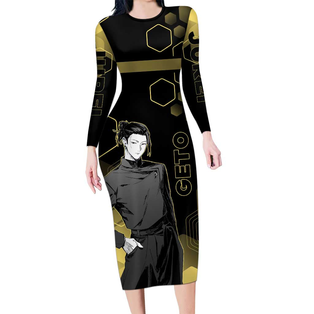 Suguru Geto Jujutsu Kaisen Gold Hexagon Design Long Sleeve Bodycon Dress with Multiple Expressions and Manga Style Art - The Mazicc