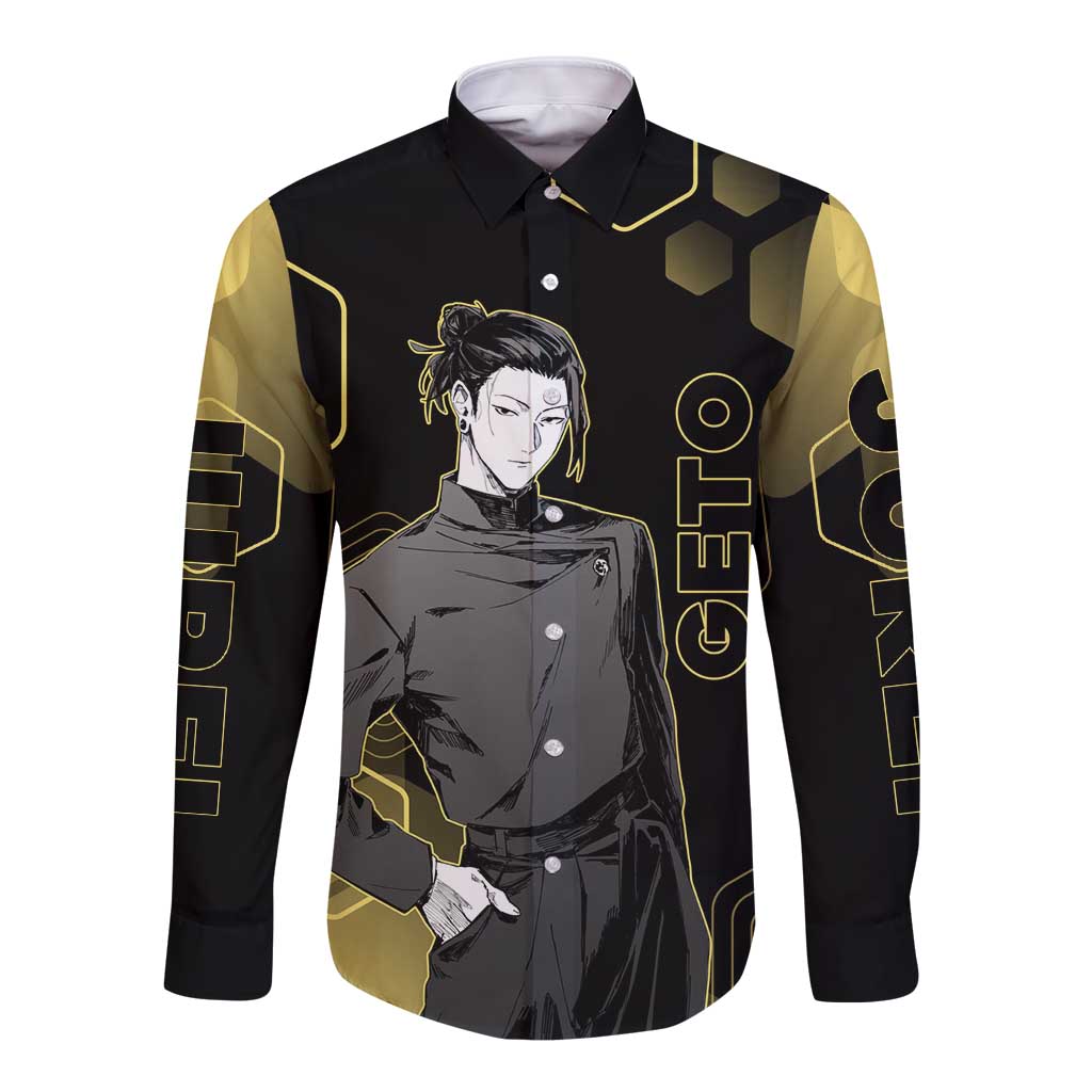 Suguru Geto Jujutsu Kaisen Gold Hexagon Design Long Sleeve Button Shirt with Multiple Expressions and Manga Style Art - The Mazicc