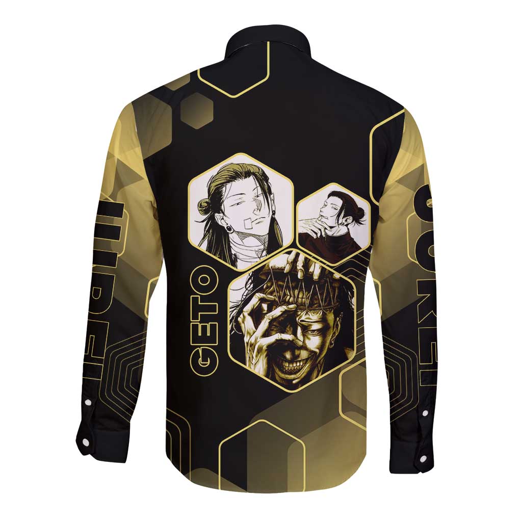 Suguru Geto Jujutsu Kaisen Gold Hexagon Design Long Sleeve Button Shirt with Multiple Expressions and Manga Style Art - The Mazicc