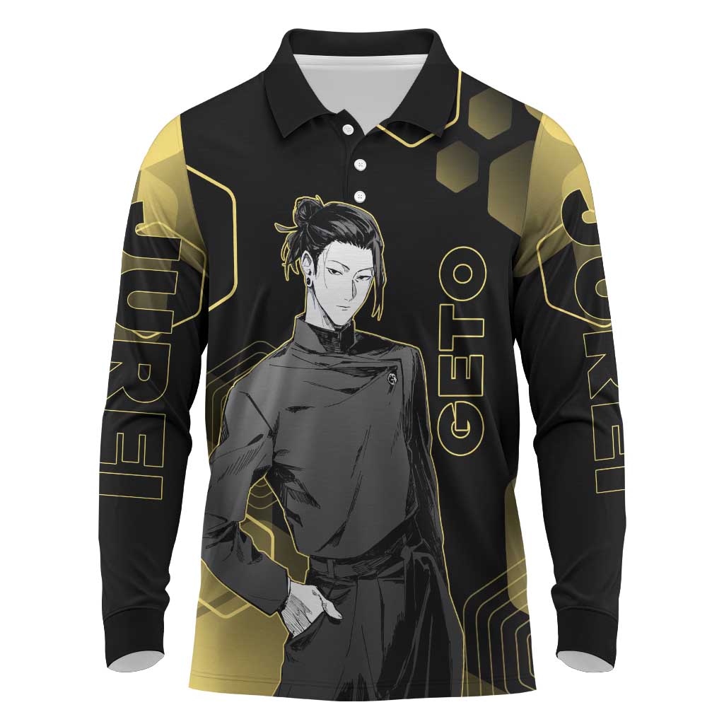 Suguru Geto Jujutsu Kaisen Gold Hexagon Design Long Sleeve Polo Shirt with Multiple Expressions and Manga Style Art - The Mazicc
