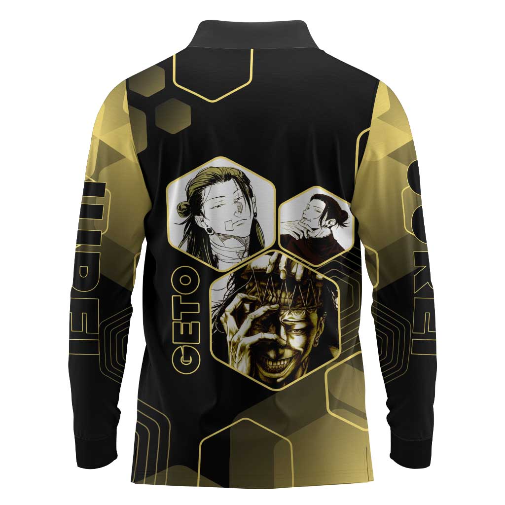 Suguru Geto Jujutsu Kaisen Gold Hexagon Design Long Sleeve Polo Shirt with Multiple Expressions and Manga Style Art - The Mazicc