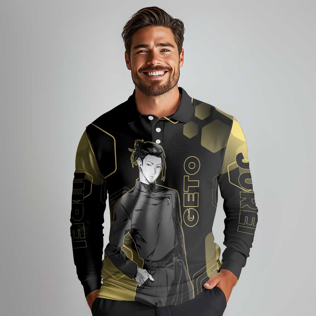 Suguru Geto Jujutsu Kaisen Gold Hexagon Design Long Sleeve Polo Shirt with Multiple Expressions and Manga Style Art - The Mazicc