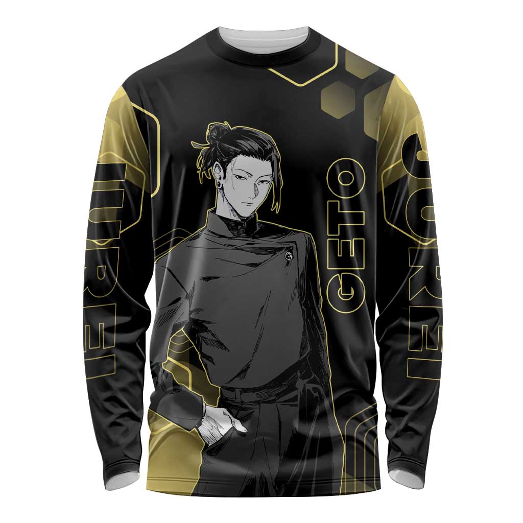 Suguru Geto Jujutsu Kaisen Gold Hexagon Design Long Sleeve Shirt with Multiple Expressions and Manga Style Art - The Mazicc