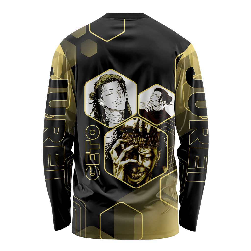 Suguru Geto Jujutsu Kaisen Gold Hexagon Design Long Sleeve Shirt with Multiple Expressions and Manga Style Art - The Mazicc