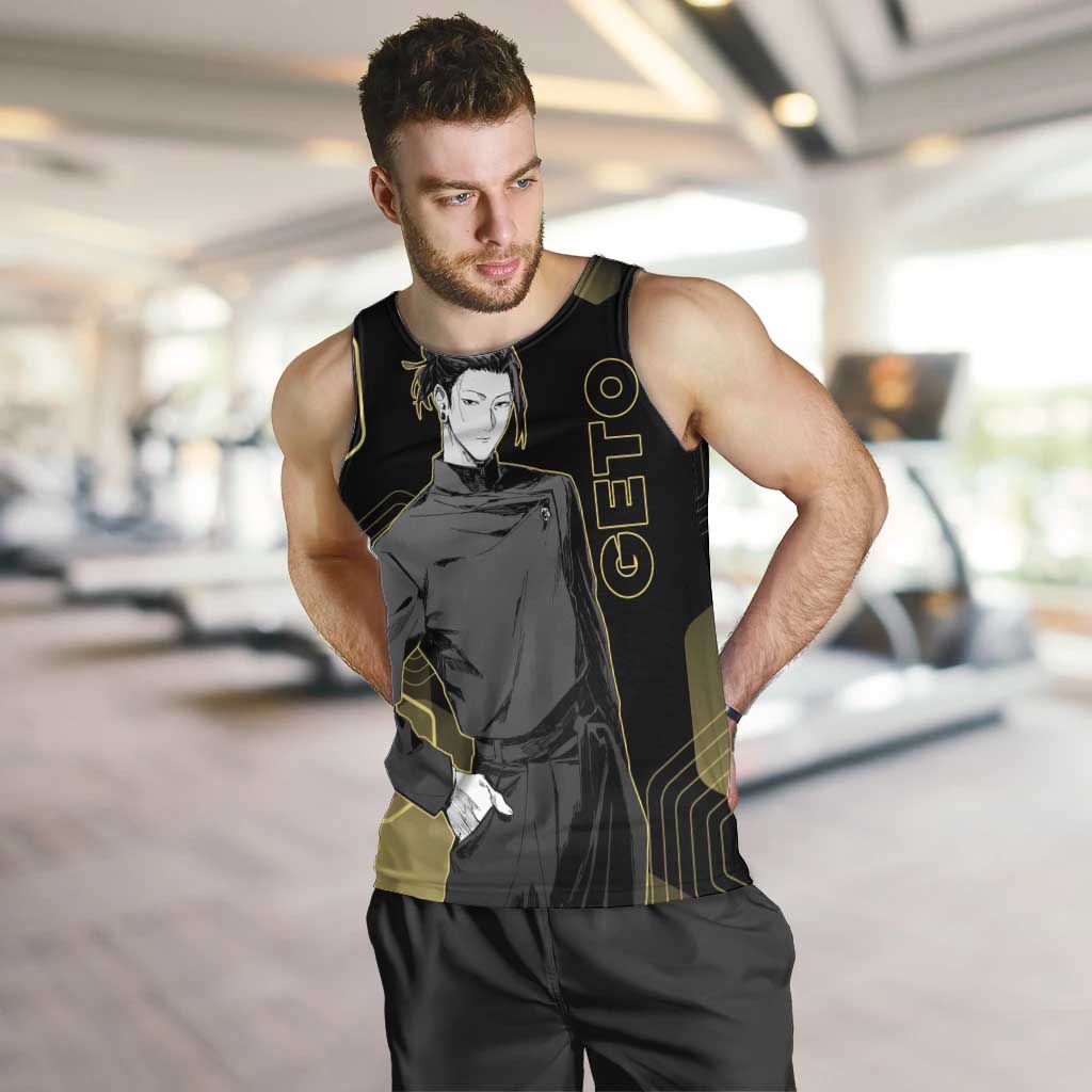 Suguru Geto Jujutsu Kaisen Gold Hexagon Design Men Tank Top with Multiple Expressions and Manga Style Art - The Mazicc
