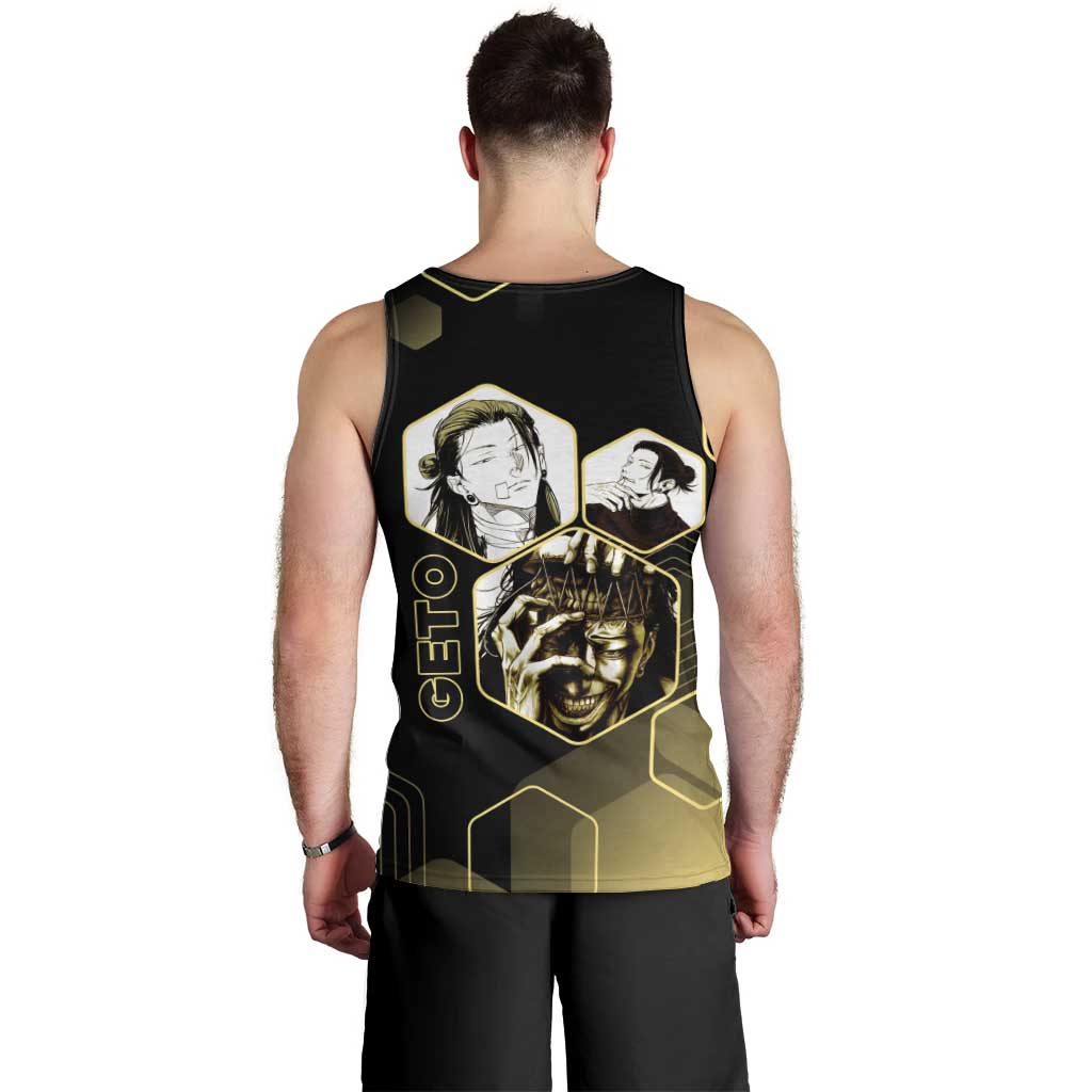 Suguru Geto Jujutsu Kaisen Gold Hexagon Design Men Tank Top with Multiple Expressions and Manga Style Art - The Mazicc