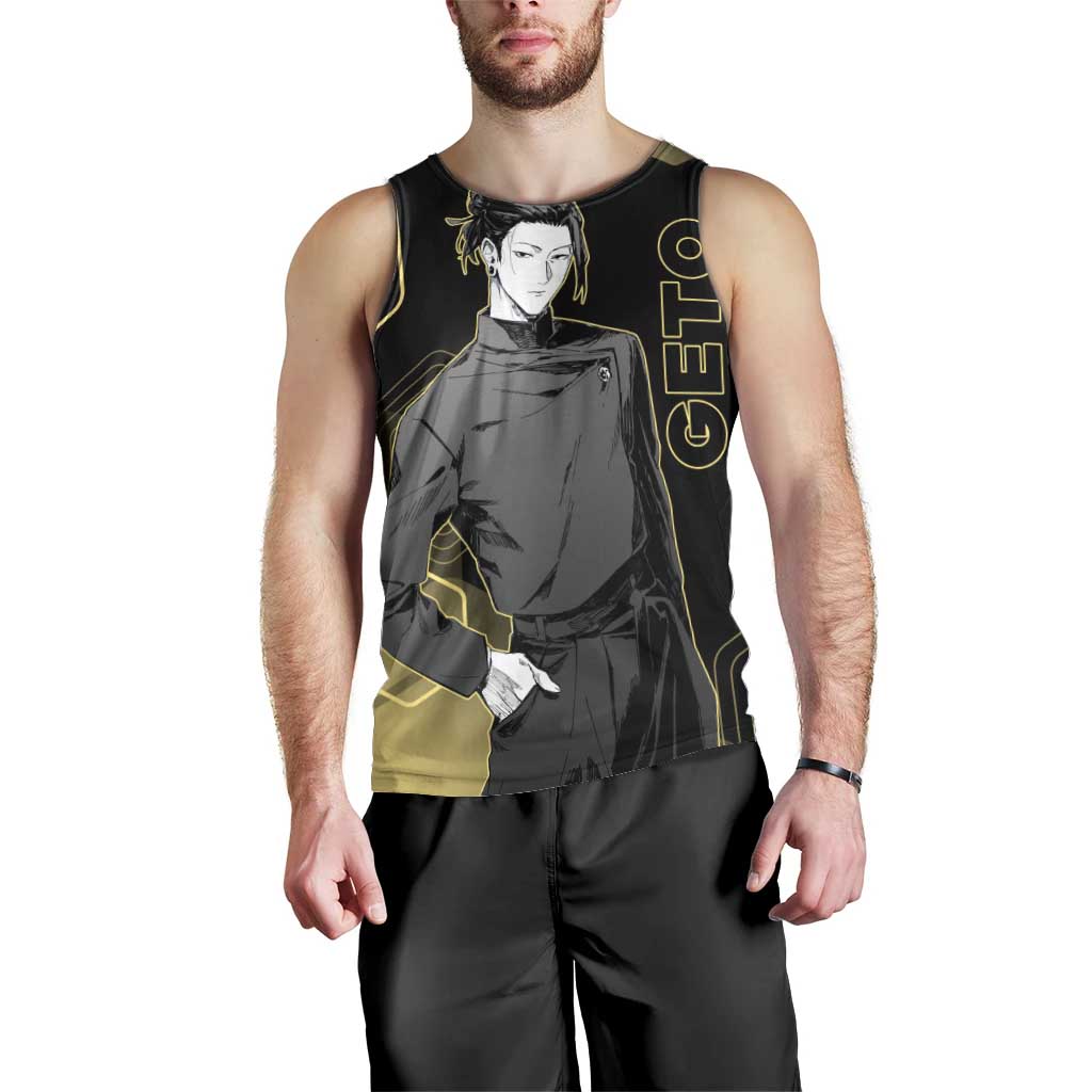Suguru Geto Jujutsu Kaisen Gold Hexagon Design Men Tank Top with Multiple Expressions and Manga Style Art - The Mazicc