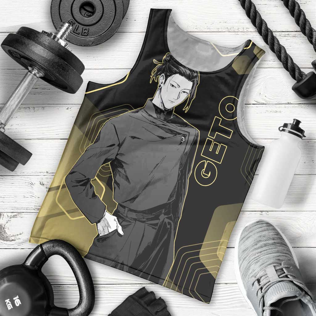 Suguru Geto Jujutsu Kaisen Gold Hexagon Design Men Tank Top with Multiple Expressions and Manga Style Art - The Mazicc